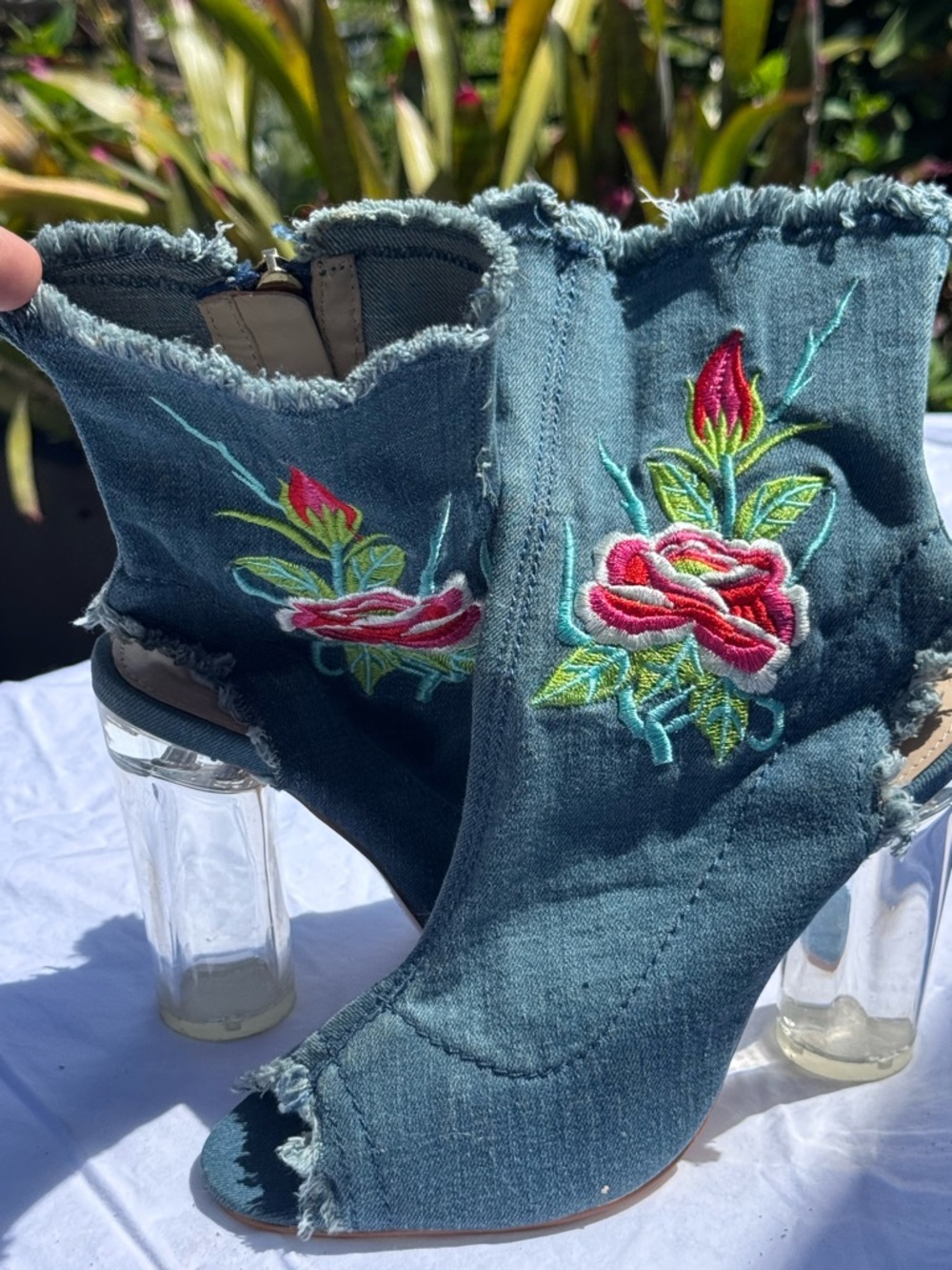 Denim Embroidered Rose Peep-Toe Booties - Teal Denim
